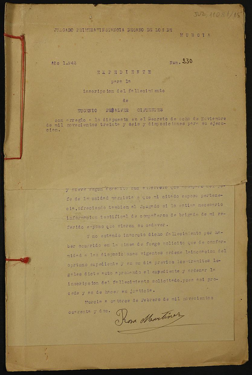 Expediente nº 230/1942 del Juzgado de Primera Instancia de Murcia para la inscripción en el Registro Civil por la defunción en el frente de Eugenio Peñalver Cifuentes.